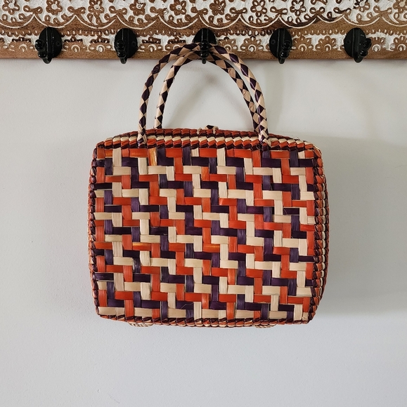 Handwoven Basket Handbag Orange Purple Cream - Picture 1 of 10
